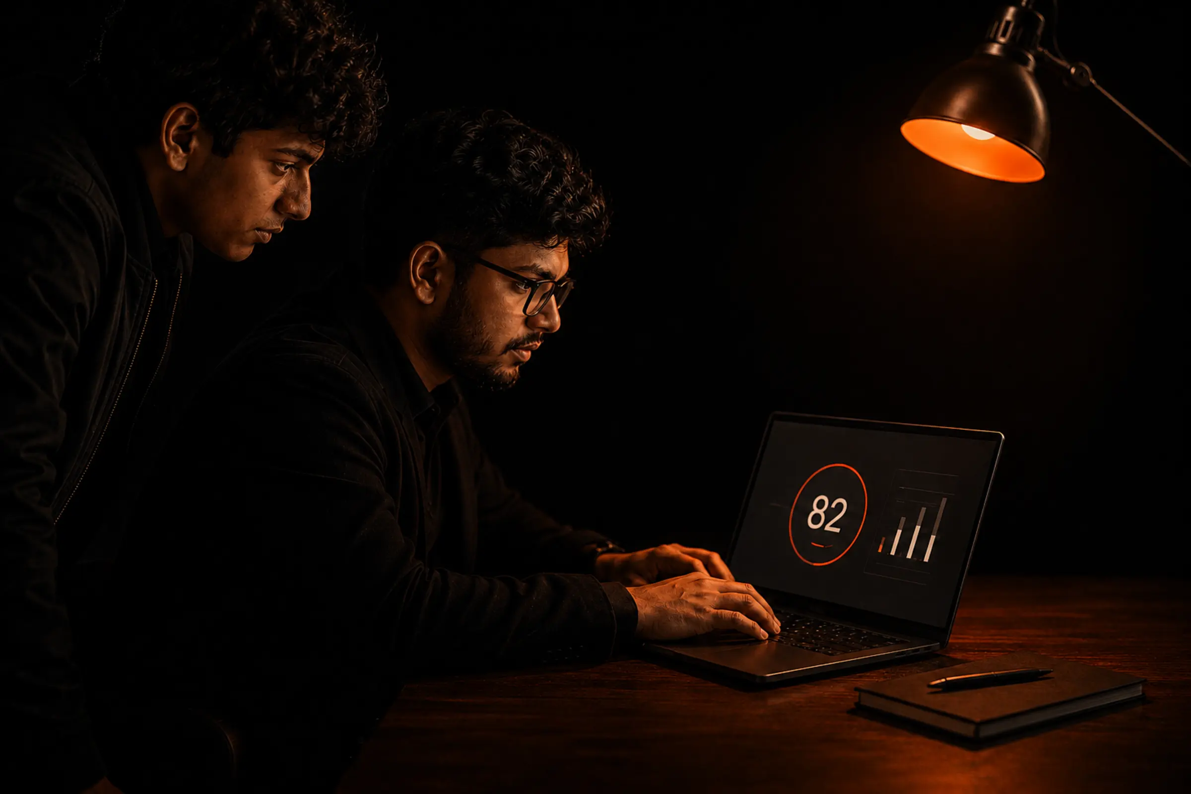 Pradyut and Vannsh at one desk, reviewing a live Dazzle readiness screen