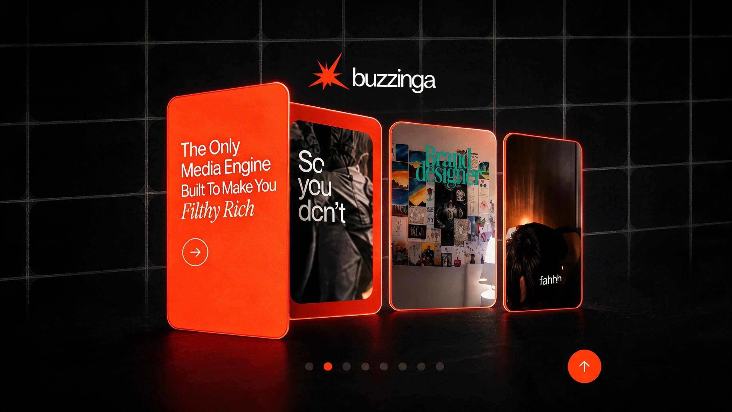 Buzzinga, media engine website with glowing card carousel
