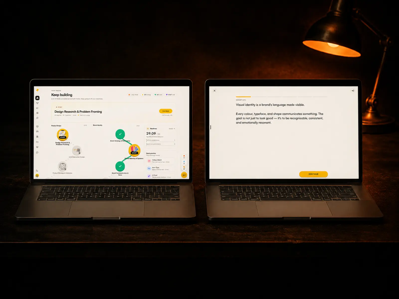Two laptops: the learning path map and a lesson page