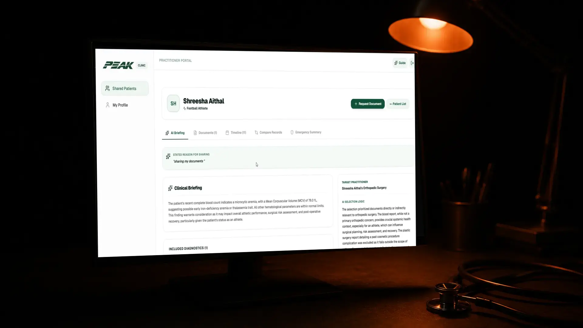 Peak practitioner portal on a clinic monitor: athlete briefing, AI summary, diagnostics