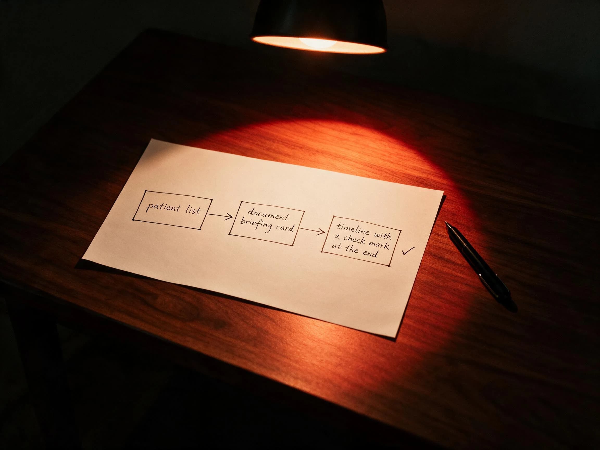 Printed flow: shared patients → briefing → documents → clearance
