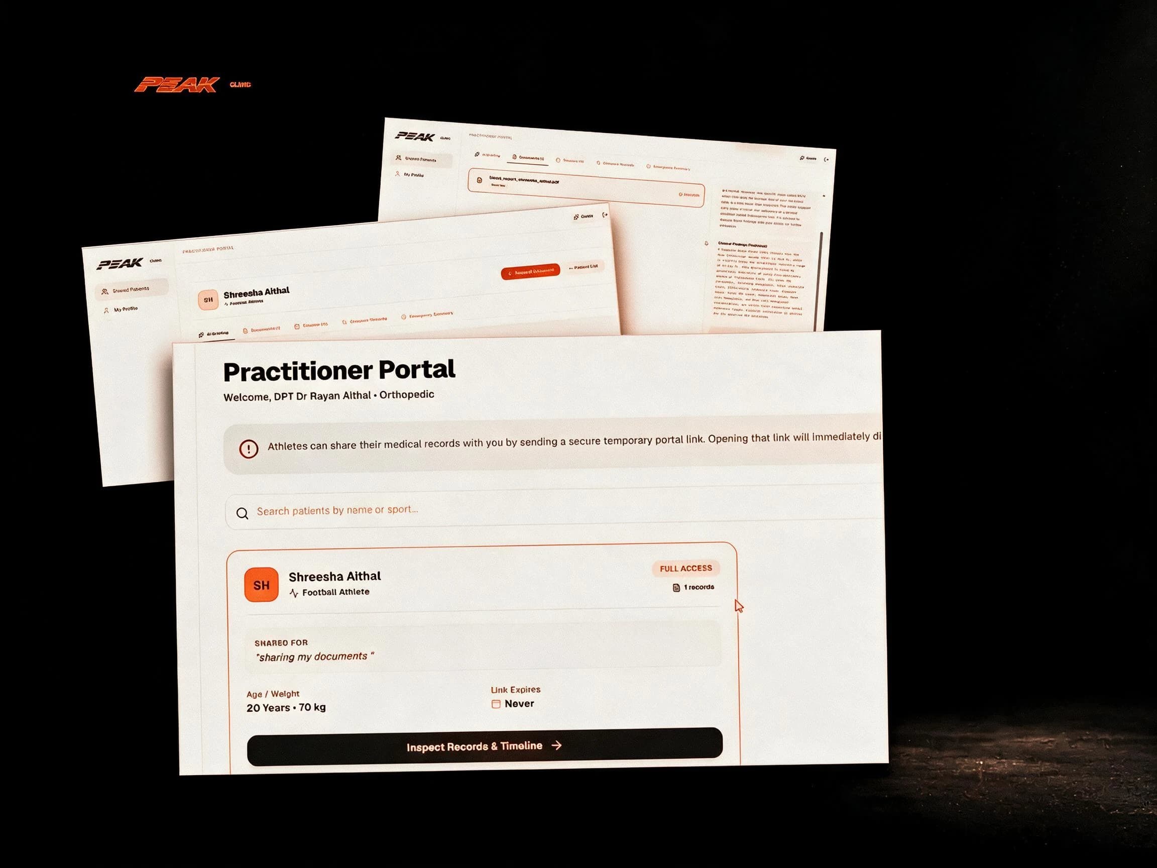 Practitioner portal: athlete shares records by secure link; doctor inspects records and timeline
