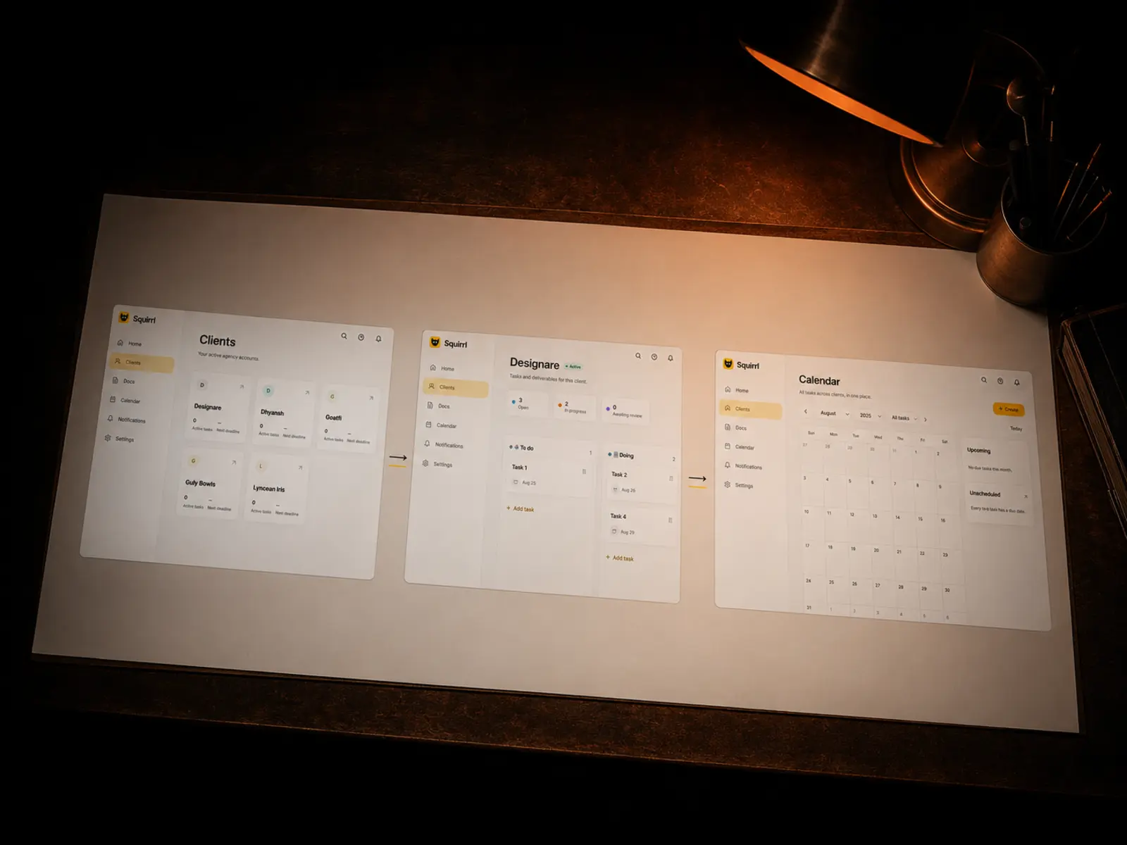 Printed flow: Clients → client detail → Calendar