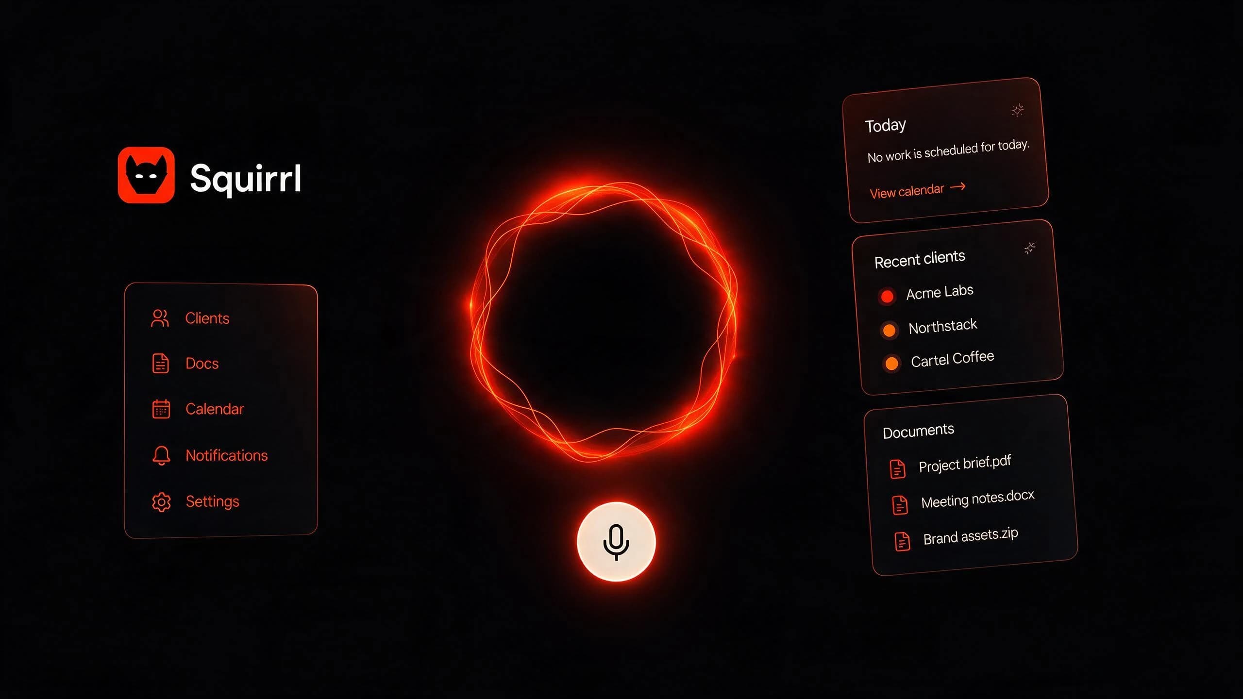 Squirrl: AI-native internal tool with voice orb, clients and documents